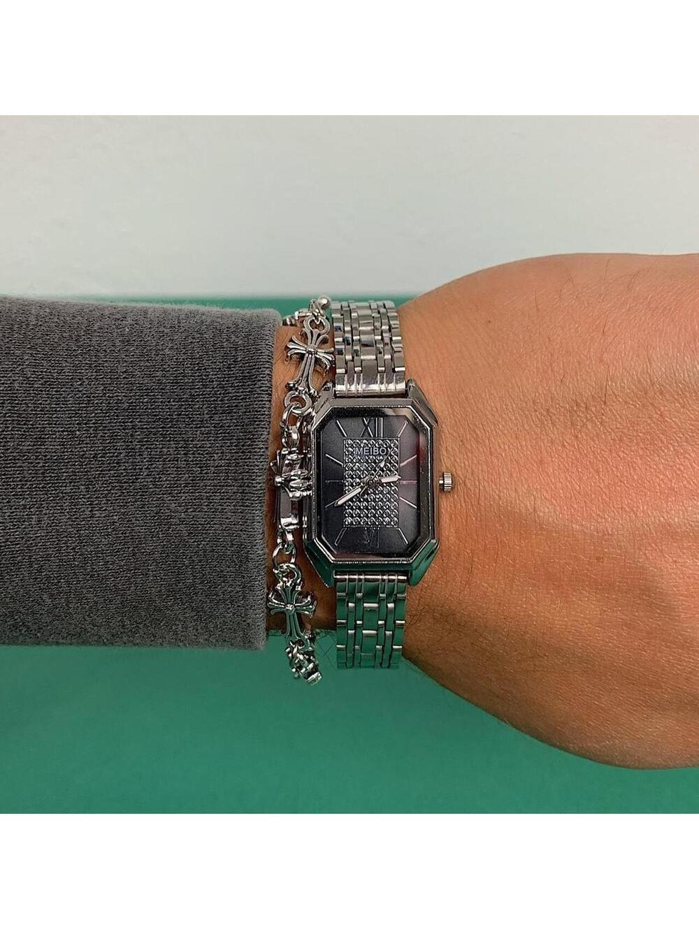 Y2k 2000s vintage style Silver Classy Black Face Rectangular Quartz Watch